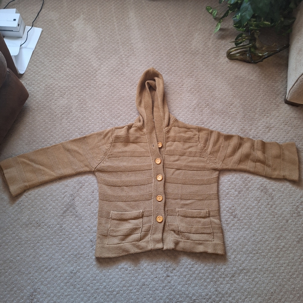 Eileen Vintage Tan Hooded Cardigan with Buttons And Pockets Bell Sleeves Size 48